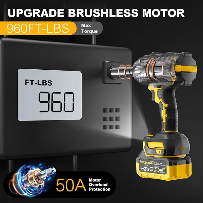 Cordless Impact Wrench 960FT-LBS - 21V Brushless Electric High Torque 1/2 Inch Impact Gun 3-Speed Max 2600RPM with 2 x 4.0Ah Batteries & 6 Sockets & Charger & for Car & DIY & Heavy Duty Use