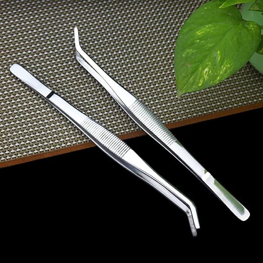 10 Inch Bent Tip Long Forceps Tweezers, Serrated Flat Tips Precision Curved Surgical Tongs Jewelers Needle Metal Sewing Sharp Kitchen Cooking Tweezers With Teeth Knurled Handles (1PCS-250mm)