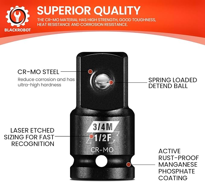 BLACKROBOT 2PCS Impact Socket Adapter and Reducer Set, 1/2" to 3/4" & 3/4" to 1/2" Socket Adapter Set, SAE Drive Cr-Mo Steel Exceeds ANSI Standards, Square Drive Adapter for Impact Driver Wrench