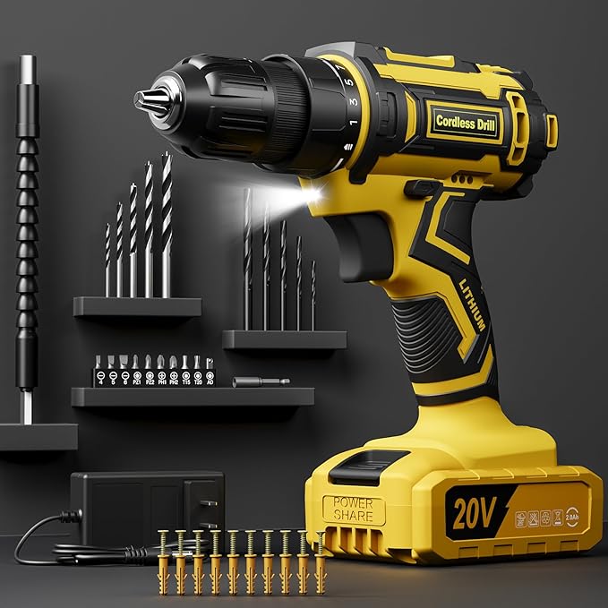 Cordless Drill Set, VIWKO 20V Power Drill with Power Pack 2.0Ah and Charger, 3/8-Inch Keyless Chuck Electricdrill, 25+1 Torque, 42pcs Drilldriver Bits/Screws for DIY Projects (Yellow)