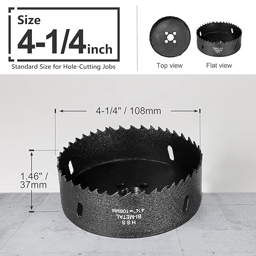 4-1/4 Inch Hole Saw with 3/8" Triangle Shank Quick Change Arbor, JTemgle Bi-Metal Hole Saw Heavy Duty Hole Cutting Tool for Cornhole Boards, Recessed Lights, Wood, Plastic, Drywall & Soft Metal