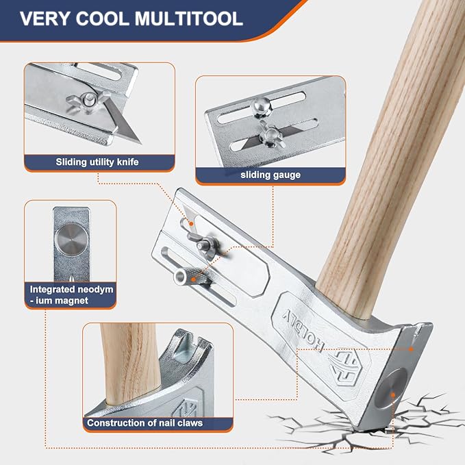 All-in-One Magnetic Roofing Hammer with Slide Gauge, Built-in Utility Knife & Nail Puller - Multi-Functional Roofing Tool for Shingle Repair