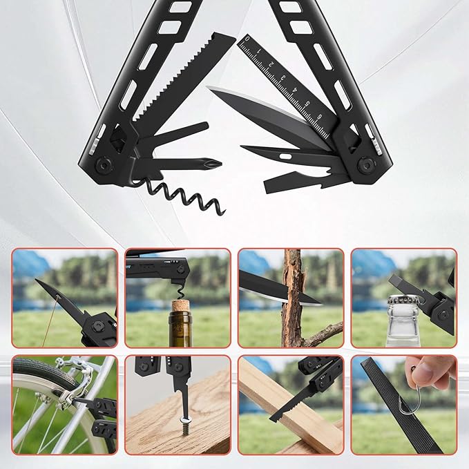 Multitool 17-in-1 Stainless Steel Multi Tool with Pocket Knife Needle Nose Pliers Bottle Opener Screwdriver Self-Locking Professional Multi-Tool for Outdoor Survival Gifts for Men(Black)