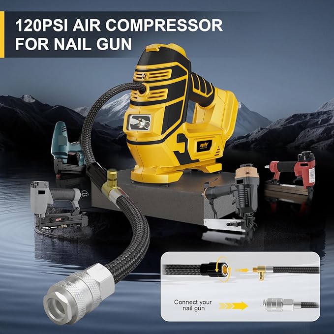 Air Compressor for Pneumatic Brad Nailer Stapler, Compatible with Dewalt 20V Battery(Tool Only), 120 PSI Oil Free Cordless Portable Compressor, 160PSI Digital Tire Inflator for Pickup, Tire