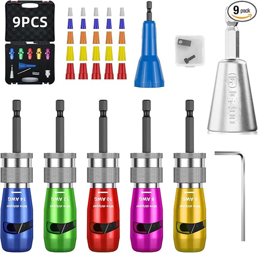 Wire Stripper Twister Tool for Drill, 2025 Upgraded US Regulations Impact Wire Stripping Tool & Wire Twisting Connector for Drill 6-14 AWG, 9 in 1 Professional Electrician Tools Gift Set