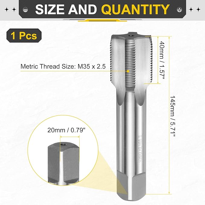 uxcell Hand Plug Tap M35 x 2.5 H2 Metric Thread Plug Style Taps Straight Flute Screw Tapping Threading Tool High Speed Steel HSS6542