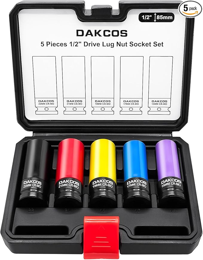 5 Pieces 1/2" Drive Impact Lug Nut Socket Set, 15 17 19 21 22MM Non-Marring Wheel Lug Nuts Socket, Thin Wall Wheel Protector,CR-MO
