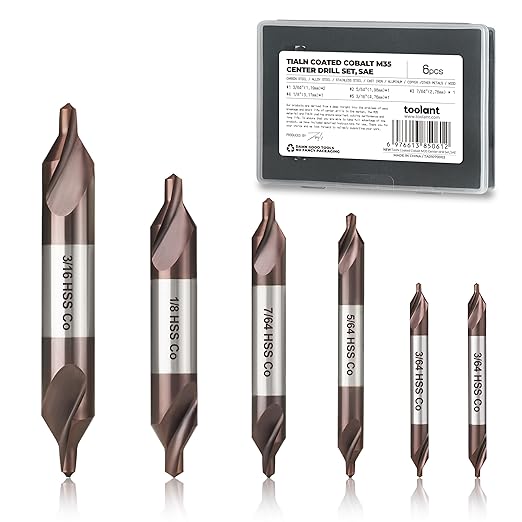 toolant Center Drill Bit Set, TiAlN Coated Cobalt M35 HSS Centering Drill Bit for Stainless Steel, Carbon Steel, Alloy Steel, Cast Iron, Copper, Other Hard Metals, #1-5, SAE 3/64"-3/16" (6pcs)