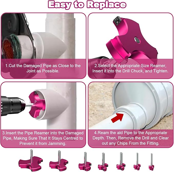 7Pcs Triple Blade PVC Pipe Reamer Kit 3 Blades Pipe Fitting Saver Tool for Plumbing with Triple Blade 1/4 Inch Hex Shaft for PVC SCH40 ABS CPVC (3/4" 1" 1-1/4" 1-1/2" 2" 3" 4") Plastic Fitting Reamer