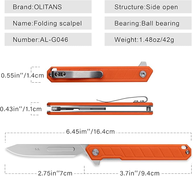 G046 Mecha Mini Slim Folding Scalpel with 5pcs #24 and 5pcs #60 G10 Handle with Liner Lock, Utility EDC Pocket Knife with Back Clip（Orange）