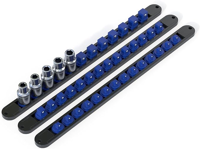FivePears 3PCS 360째 Socket Organizer Twist Lock,3/8 1/4 1/2 Socket Storage Rails, Premium Quality Socket Holders for Tool Box 竊똖ool Carts竊똂ontains up to 40 Clips (Blue, Red and Black)