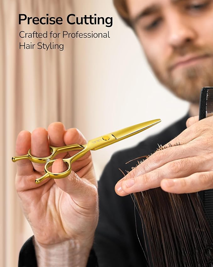 ULG Professional Hair Cutting Scissors 6.5 Inch ??Sharp Barber Shears, Stainless Steel Symmetrical Salon Haircut Scissors for Women, Men, Kids, Gloss Paint Finish, Golden