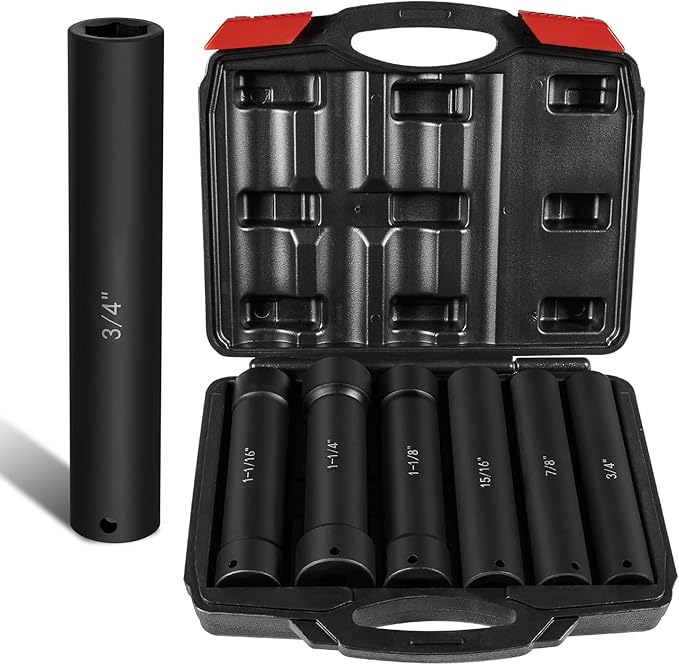 1/2 Inch Drive Extended Length Impact Socket Set 6Pcs, Extra Deep Socket Set Kit Includs Hex Sizes 3/4", 7/8", 15/16", 1-1/16?? 1-1/8", 1-1/4"