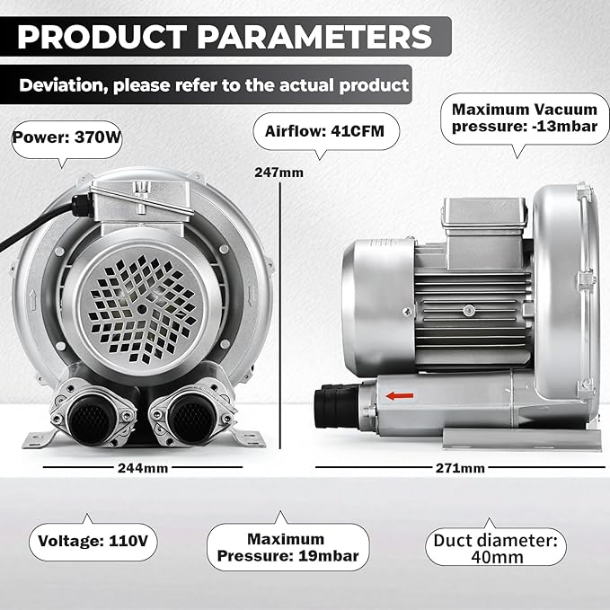 0.6HP Regenerative Blower, 41CFM 110V 60Hz Single Phase, High-Pressure Vortex Ring Blower, Industrial Vacuum Pump for Air Blowing Or Suction for Sewage Aeration Aquarium Fish Pond, Silver