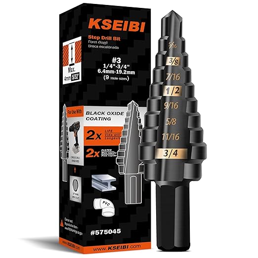 KSEIBI #3 HSS Step Drill Bit Set 1/4-3/4" with 3/8 Shank - Black Oxide Finish for Metal, Wood, Plastic Drilling - Durable, Precision Multi-Sized Bits with 3-Flat Shank 575045