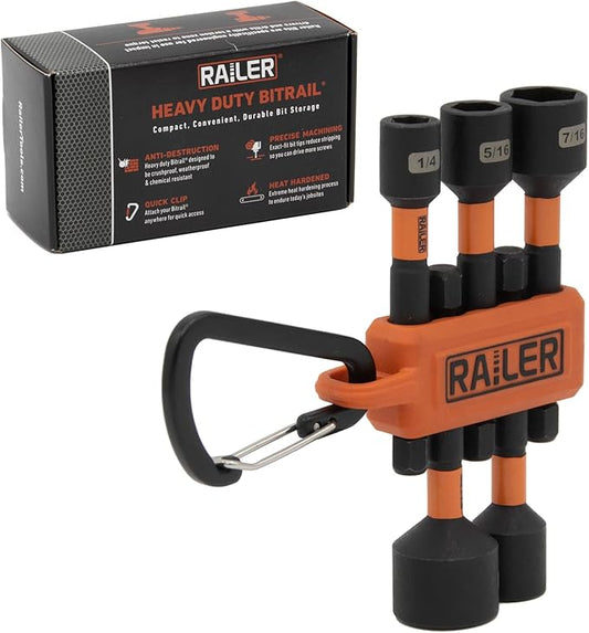Railer Nut Driver Set - Premium 2-9/16 Inch 5-Piece Nutsetter Bit Set With A Storage Bit Holder & Carabiner