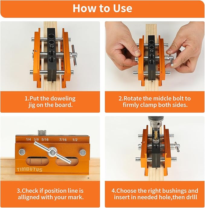 Self Centering Doweling Jig Kit - Adjustable Width Dowel Jig Kit for Straight Holes, Biscuit Joiner Set, 6 Bushings, 3 Size Drill Bits - Woodworking Precision Tool