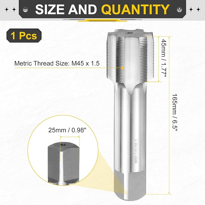 uxcell Hand Plug Tap M45 x 1.5 H2 Metric Thread Plug Style Taps Straight Flute Screw Tapping Threading Tool High Speed Steel HSS6542