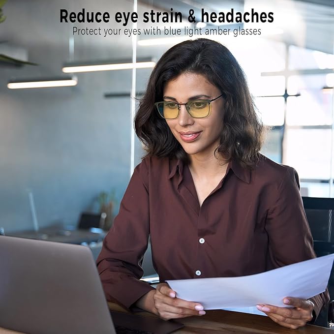 Clip-on Blue Blocking Eye Wear Glasses | Anti-Fatigue & Eyestrain Relief for Men and Women | Amber Nighttime