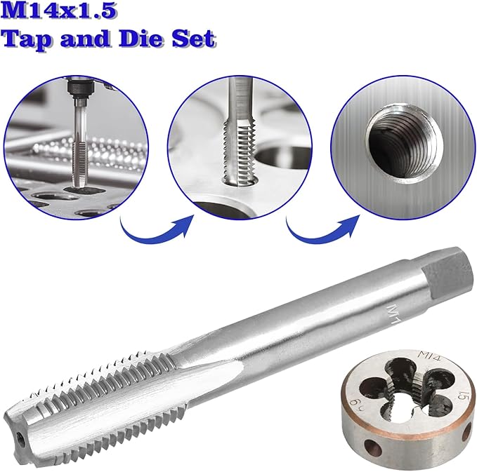 M14 x 1.5 Metric Thread Tap and Die Set, M14 x 1.5mm High-Speed Steel Machine Tap and Die Set, Right Hand Thread Tap and Round Thread Die