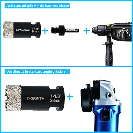 1-1/8" Diamond Hole Saw, Diamond Drill Bits 1-1/8 in Dia for Granite Tiles Quartzite Marble Concrete Porcelain Ceramic Stones, with 5/8-11 Thread for Angle Grinders and 3/8??Hex Shank for Drills