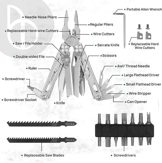 BIBURY Multitool Pliers Pro BI2045, Foldable Multitools with Replaceable Wire Cutters and Saw, Stainless Steel Multi Tool w/Upgraded Scissors and Screwdriver Set, Ideal for Camping, Hiking, Survival