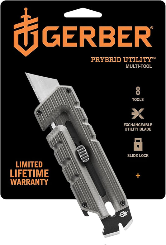 Gerber Gear Prybrid Multi Tool Utility Pocket Knife, Utility EDC Razor Knife with Retractable Blade and Pry Bar, Grey G10 no Clip