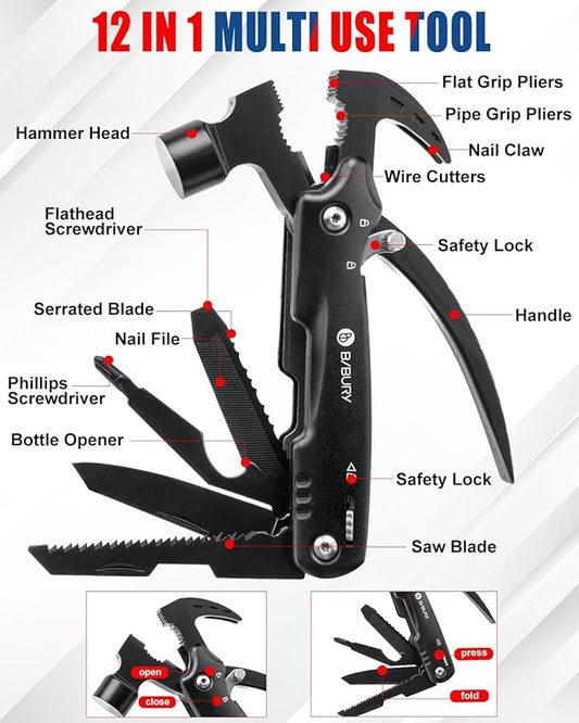 BIBURY 12 in 1 Multitool Hammer with Snowflake Tool, Christmas Stocking Stuffers for Men, Survival Gear Outdoor Multi Tool with Safety Lock, White Elephant Gifts for Men Dad Him Grandpa Husband