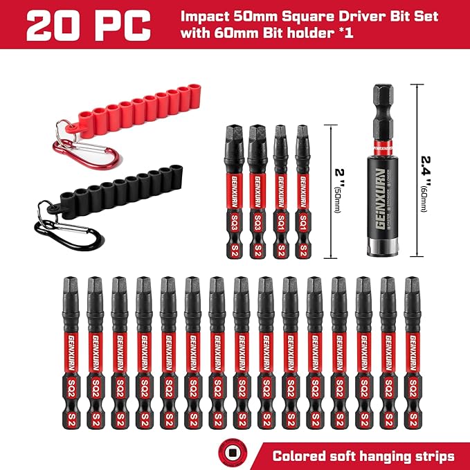 Impact Square Screwdriver Bits Set, 20 Pieces 2?쒶agnetic(SQ1/SQ2/SQ3) S2 Steel Multi Cross Driver Bits and 1 Pc Bit Holder with Soft Hanging Strips