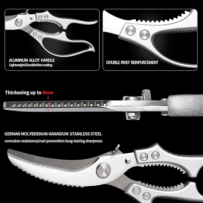 Heavy Duty Kitchen Scissors - All Purpose Poultry Shears with Anti-Slip Handle & Safety Lock, Stainless Steel Food Scissors for Chicken, Meat, Bones, Vegetables.Dishwasher Safe & Spring Loaded