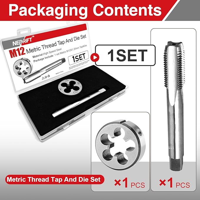 M12 x 1.25 Tap and Die Set Right Hand, M12 x 1.25mm Metric Thread High-Speed Steel 6542 Machine Tap and Round Die for Thread Repair on Automotive Parts and Machinery