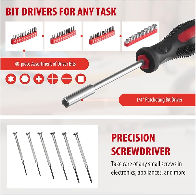 146-Piece Household Tool Kit - Perfect for Home Repair, Car Maintenance, DIY Projects - Complete Set w/Hammer, Screwdrivers, Pliers, Wrench with Storage ToolBox - Ideal Gift