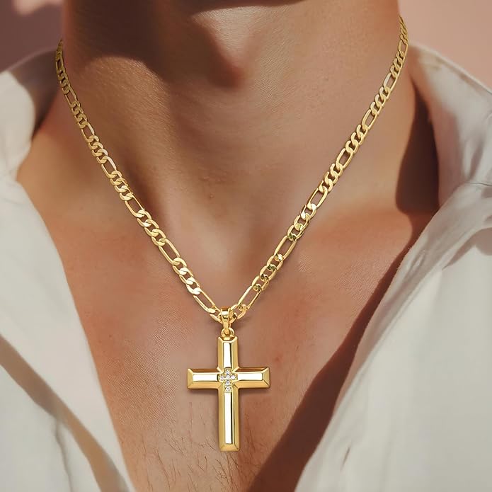 Cross Necklace for Men Gold Cross Necklace for Men 14K Gold Crosses Figaro Chain Pendant for Mens Crosses Necklaces Broad Subtle Sparkle with Cubic Zirconia Necklaces for Mens Chain 20/22/24 inches