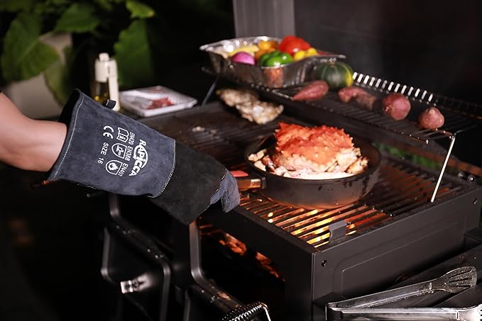 Fireplace Gloves Fire Heat Resistant: Dark-Grey 16IN 932??- Fireproof Leather for Fireplace Fire Pit Wood Stove Campfire Furnace BBQ Grill Oven Stick Mig Welding Welder Gear - Birthday Gift XL