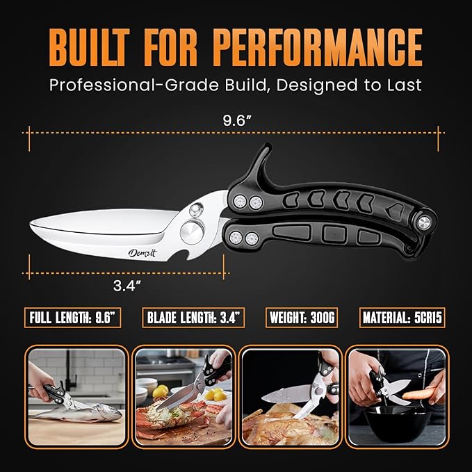 Poultry Shears Heavy Duty Professional, Kitchen Shears for Poultry,Turkey, Chicken & Bone Cutting, Multi-purpose kitchen Scissors Spring-Loaded, Dishwasher Safe, Meat Shear with Non-Slip Handle, Black