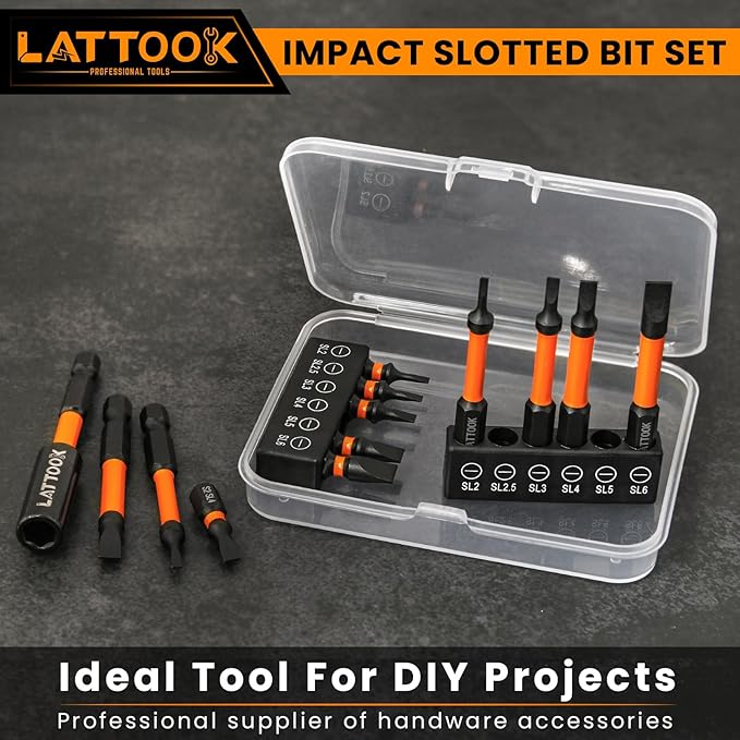 13-Pieces Impact Slotted Bit Set, LATTOOK 1/4'' Hex Shank Slotted Screwdriver Bit Set Flat Head Bits, Magnetic S2 Steel, 2.3'' & 1'' Long, SL2, SL2.5, SL3, SL4, SL5, SL6