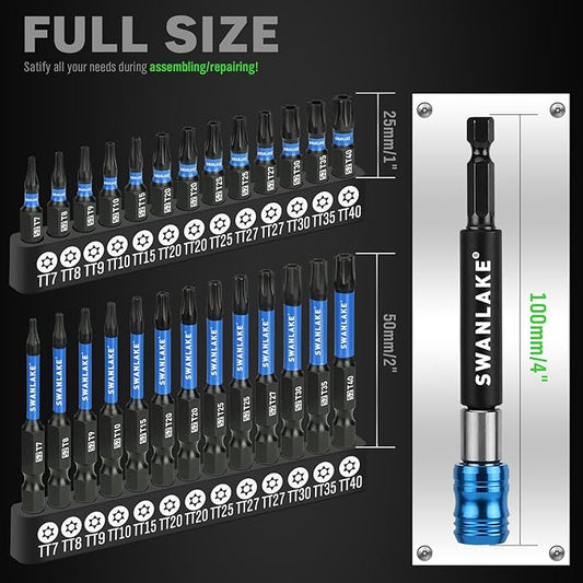 SWANLAKE Impact Torx Bit Set, 27-piece 1''&2'' Security Tamper Proof Magnetic Screwdriver Bits, T7-T40 CNC Machined Tips, S2 Steel Long Torque Star Bits with 4'' Impact Bit Holder and Storage Box
