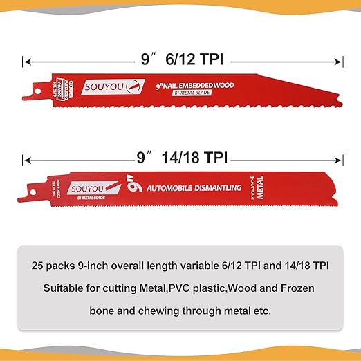 25 Pack 9 in 14/18 TPI Bi-Metal Reciprocating Saw Blades with Organizer Carbide Alloy Steel for Automobile Dismantling Metal Steel Cutting Non-Stick Coated for Less Heat for 1/16-5/16 Medium Metals