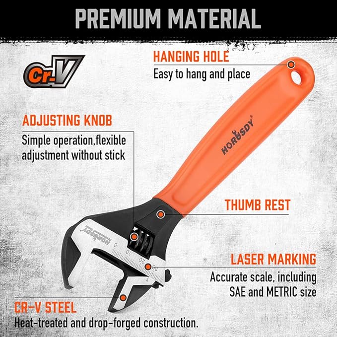 HORUSDY Adjustable Wrench Set | 2-Piece | 6-Inch and 10-Inch Wrenches | Metric & SAE Scales | Cushion Grip Wrench | Cr-V Steel