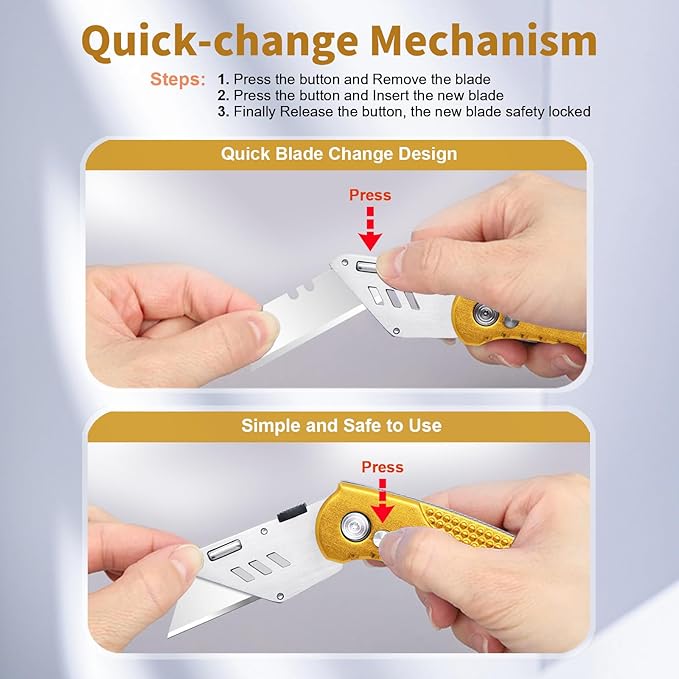 Box Cutter Heavy Duty Utility Knife, Razor Knife, Lightweight Aluminum Handle, Back-lock Mechanism, Stainless Belt Clip, with 5-piece Extra Blades, for Carpet, Carton, Box, Cardboard Yellow