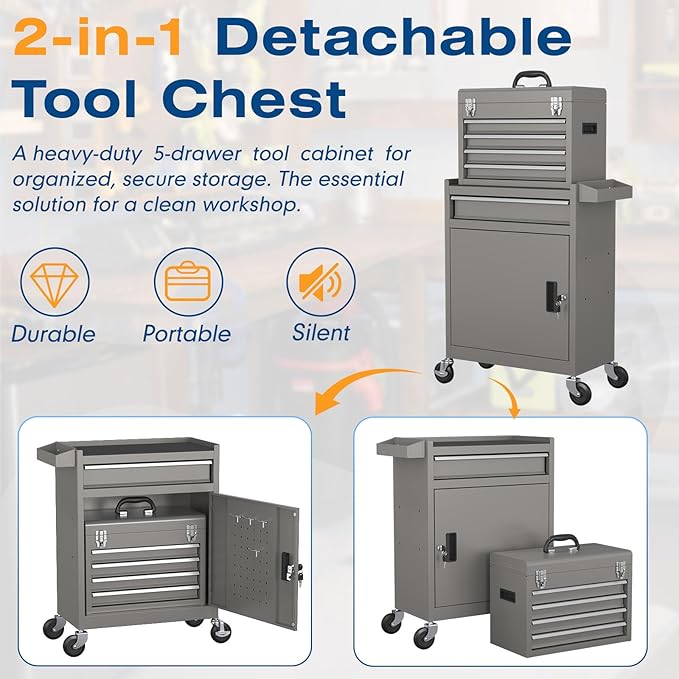 5-Drawers Tool Chest, 2-in-1 Rolling Tool Box with Wheels and Drawers, Detachable Storage Toolbox with Lock, Heavy-Duty Metal Tool Cart for Garage, Workshop (Gray)