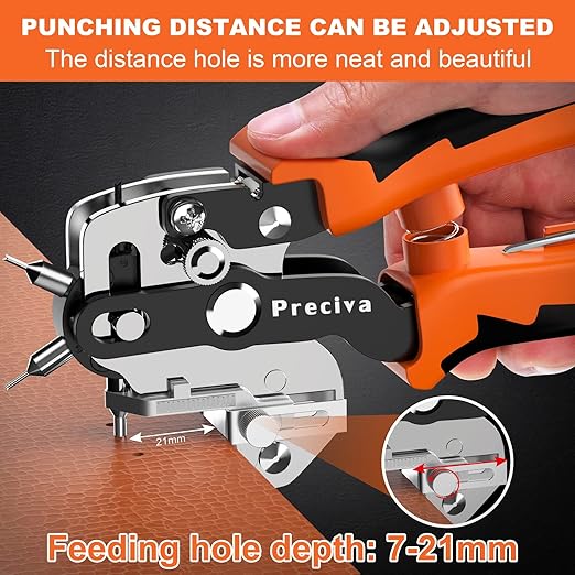 Preciva Hole Punch Plier, Revolving Punch Hole Tool with V-Shaped Cutting Edge Design, 6 Hole Sizes & 20cm Stainless Steel Ruler for Leatherr, Belts, Thin Iron Sheets, Paper Cards, Plastics & Fabrics