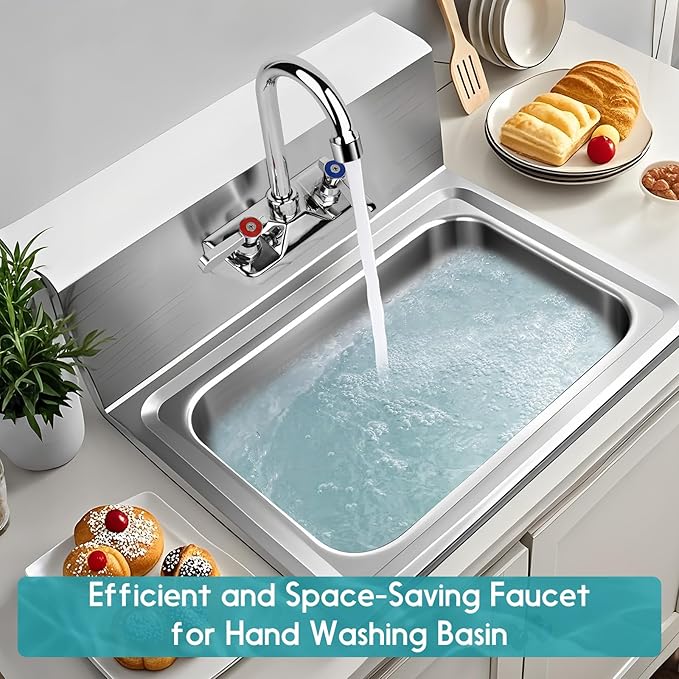 Leak-Free Commercial Hand Sink Faucet, 4 Inch Center Wall Mount Kitchen Sink Faucet for Bar Restaurant, Brass Constructed & Chrome Polished, with 3-1/2" Gooseneck Spout & Dual Lever Handles