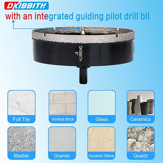 5" Diamond Hole-Saw Bits with Pilot Drill Bit 5 in Diamond Tipped Tile Hole Saws with Guiding Bit for Accurate Drilling, for Porcelain Tile Ceramic Pottery Granite Stone Glass Bottles 125mm
