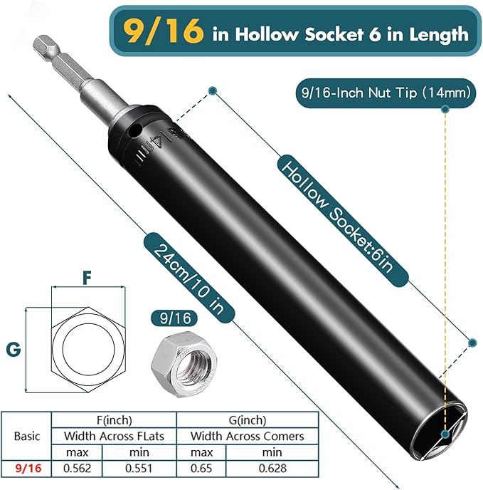 Blulu 9/16"(14mm) Power Nut Driver, Nut Runner Hollow Socket with 1/4" Hex Shank, Fit Long Bolts and Ductwork for Overhead Fastening Applications Operations(1 Pack,6 Inch)
