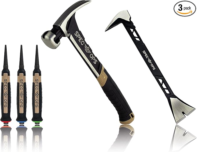 Spec Ops Tools 3-Piece Tool Set, Includes 20 oz Nailing Hammer, 11" Molding Pry Bar, 3-Piece Nail Set, 3% Donated to Veterans