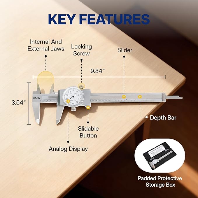 BLACK CANYON 6" Dial Caliper, 6 Inches Measurement, Caliper Measuring Tool, 0.001 inch fine Graduation, 4-Way Measurements, Hardened 4R13 Stainless Steel, Ideal for DIY/Household