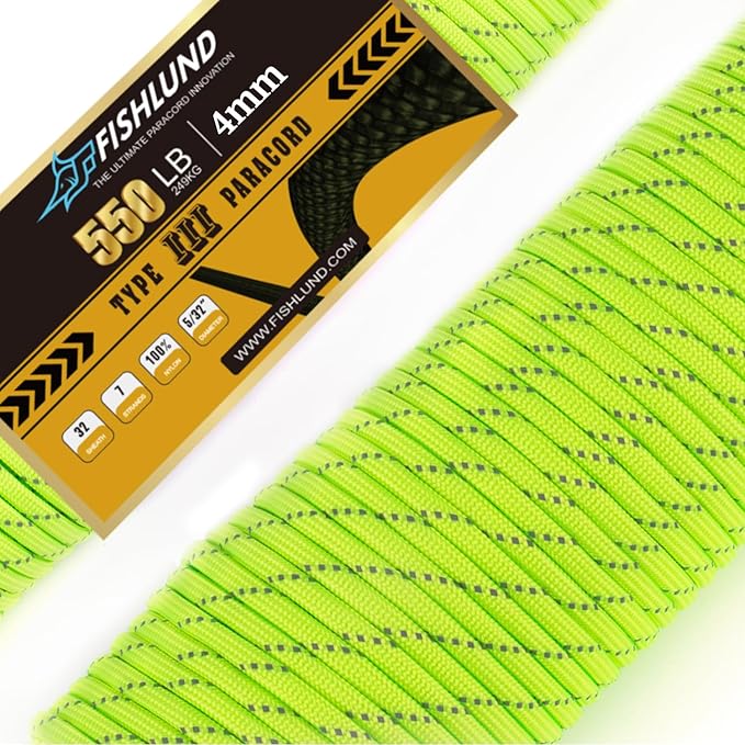 Reflective Paracord 550 lb, 7 Strand Paracord Rope 100ft 4mm, Nylon Parachute Cord for Camping, Neon Green