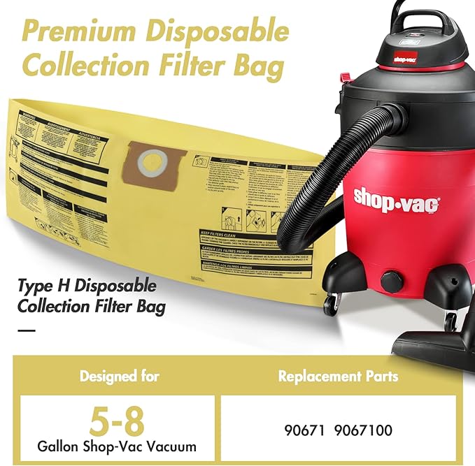 Shop-Vac 90671 Genuine Type H 5-to-8-Gallon High-Efficiency Disposable Collection Filter Bag 4 Pack, Yellow