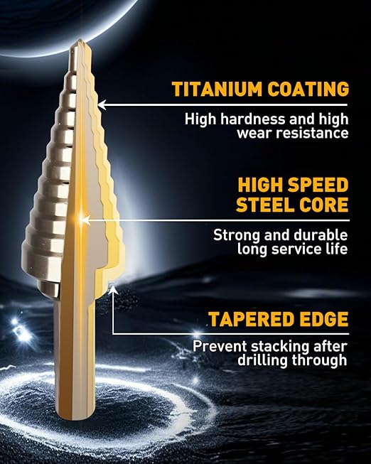 COMOWARE Step Drill Bit Set & Automatic Center Punch- Black and Gold, Double Cutting Blades, High Speed Steel, Short Length Drill Bits Set of 5 pcs, Total 50 Sizes with Aluminum Case